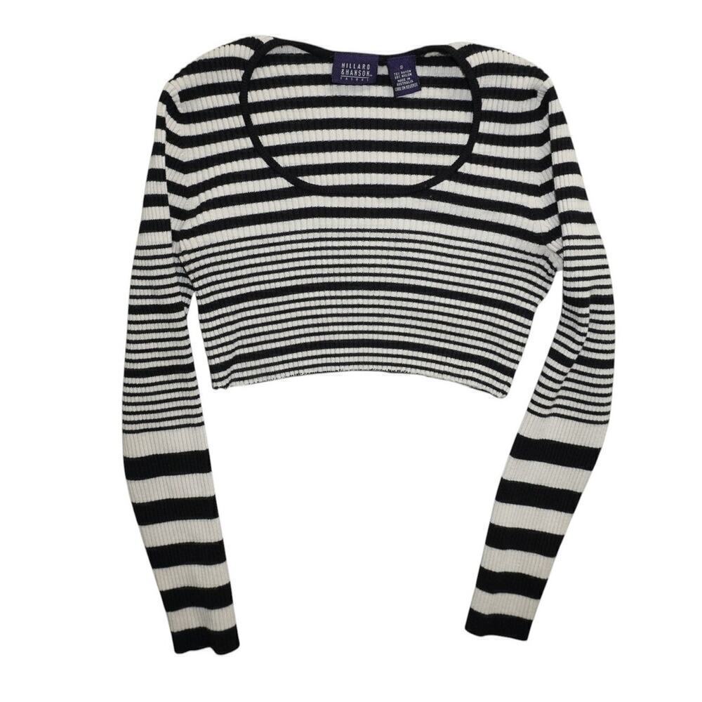 Vintage Hillard & Hanson Black White Striped Ribbed Knit Cropped Y2K Small